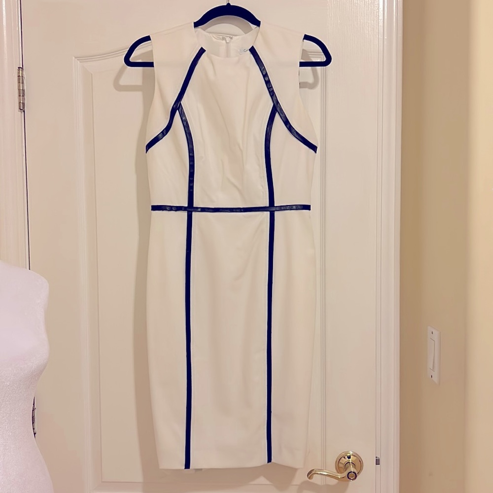 Calvin Klein, Size 4, white dress with black faux leather linings